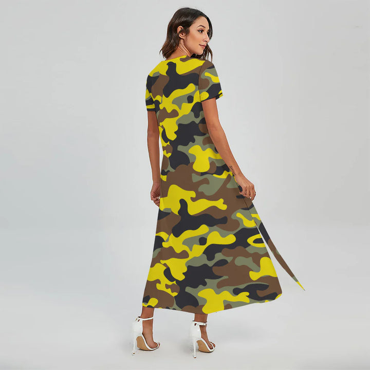 Yellow Brown And Black Camouflage Print Short Sleeve Maxi Dress