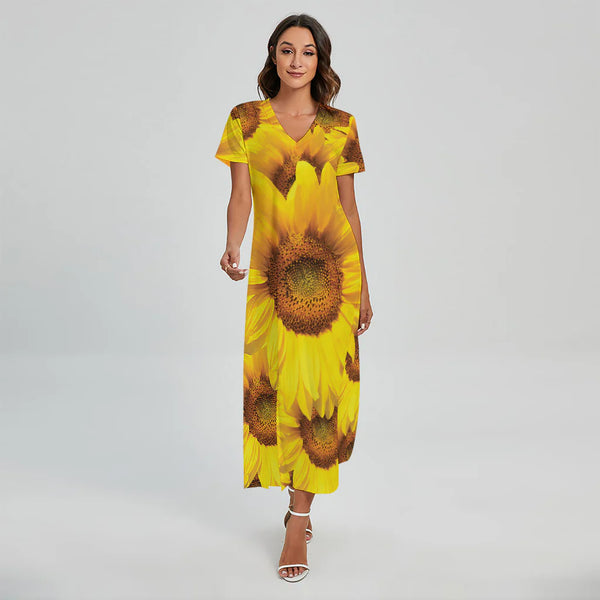 Yellow Sunflower Print Short Sleeve Maxi Dress