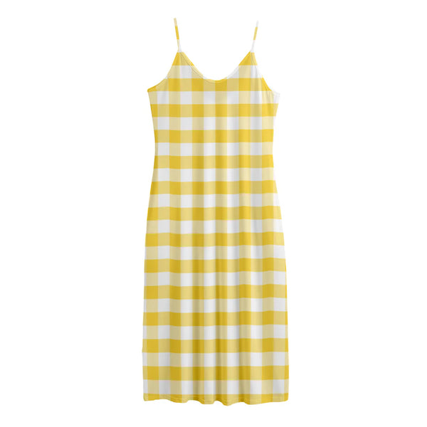 Yellow And White Gingham Pattern Print Jersey Midi Cami Dress
