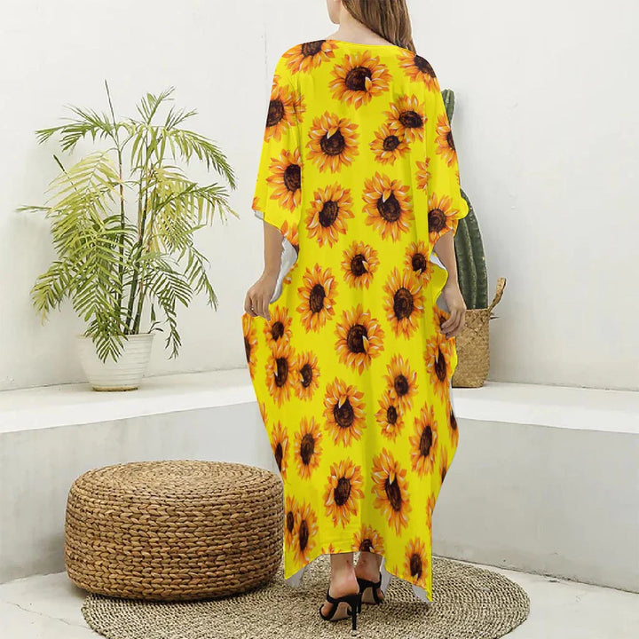 Yellow Sunflower Pattern Print Silk V-Neck Kaftan Dress