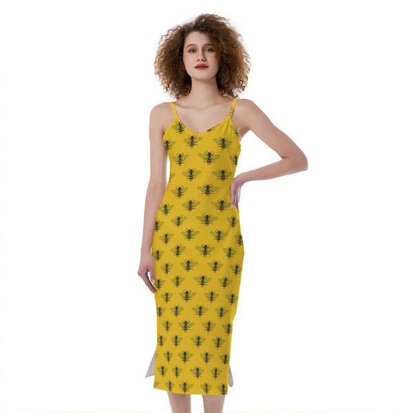 Yellow Bee Pattern Print Slim Fit Midi Cami Dress