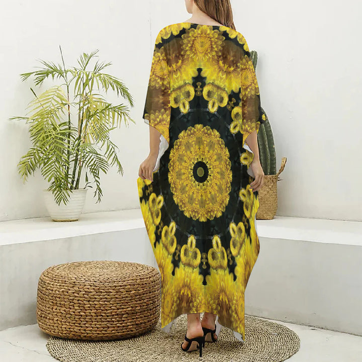 Yellow Flower Kaleidoscope Print Silk V-Neck Kaftan Dress