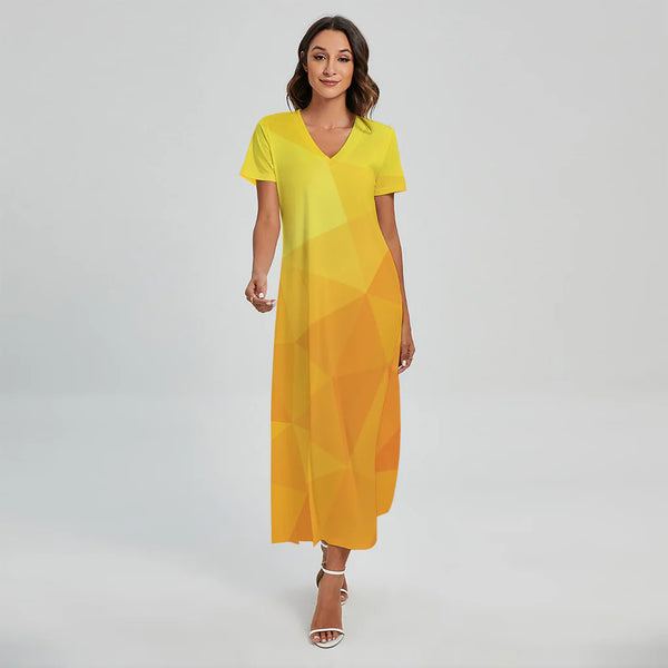 Yellow Polygonal Geometric Print Short Sleeve Maxi Dress
