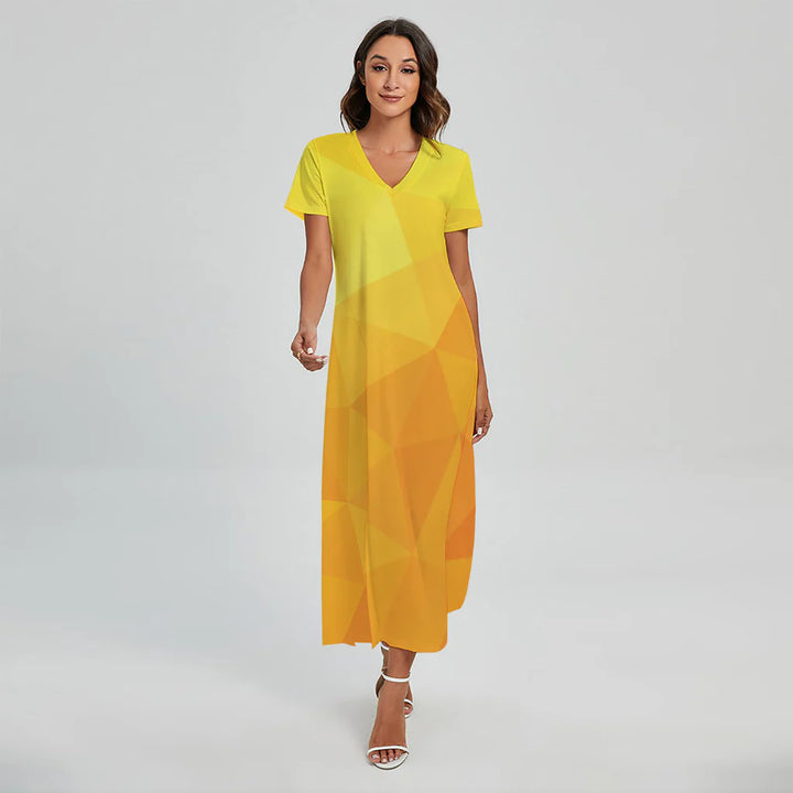Yellow Polygonal Geometric Print Short Sleeve Maxi Dress