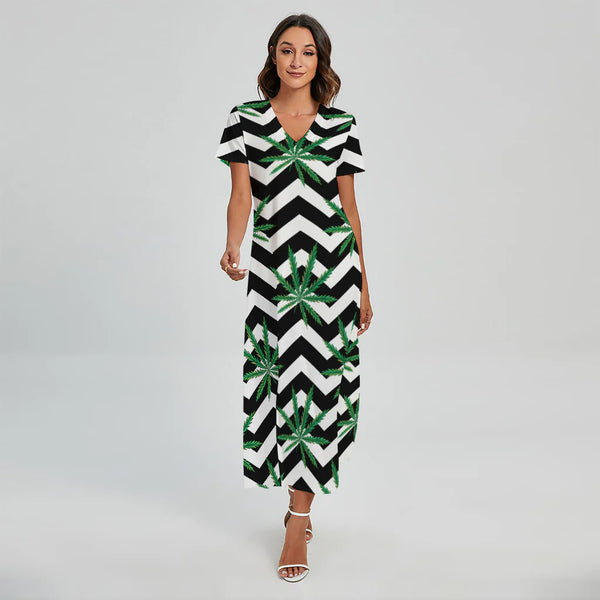 Zigzag Weed Pattern Print Short Sleeve Maxi Dress