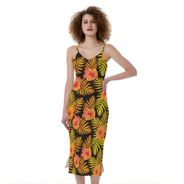 Yellow Hawaiian Tropical Pattern Print Slim Fit Midi Cami Dress