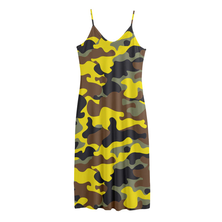 Yellow Brown And Black Camouflage Print Jersey Midi Cami Dress