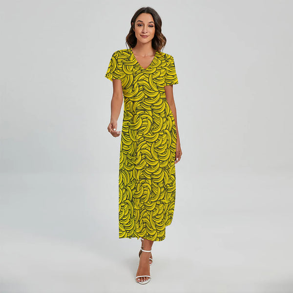 Yellow Banana Pattern Print Short Sleeve Maxi Dress