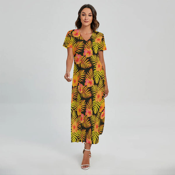 Yellow Hawaiian Tropical Pattern Print Short Sleeve Maxi Dress