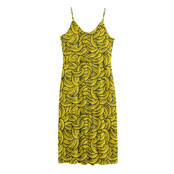Yellow Banana Pattern Print Jersey Midi Cami Dress