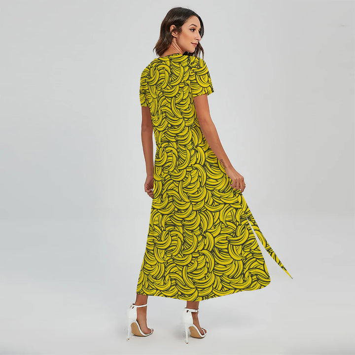 Yellow Banana Pattern Print Short Sleeve Maxi Dress