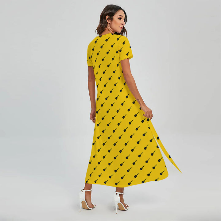 Yellow And Black Dart Pattern Print Short Sleeve Maxi Dress
