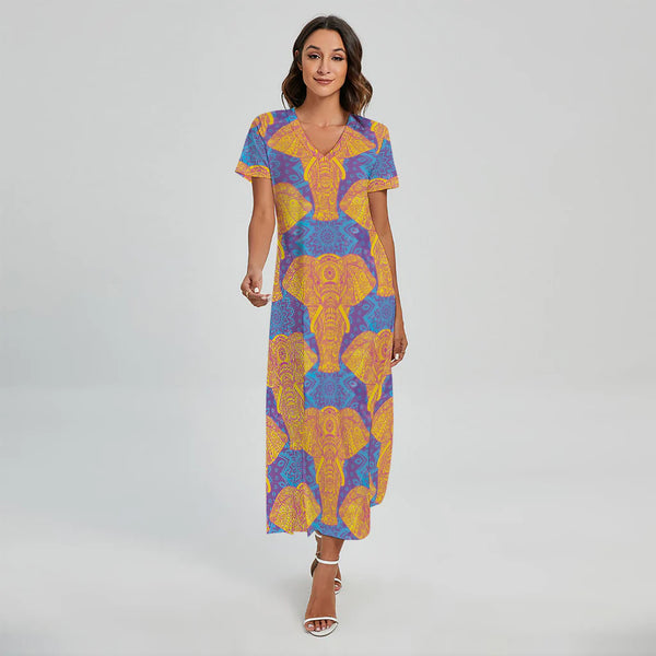 Yellow Mandala Elephant Pattern Print Short Sleeve Maxi Dress