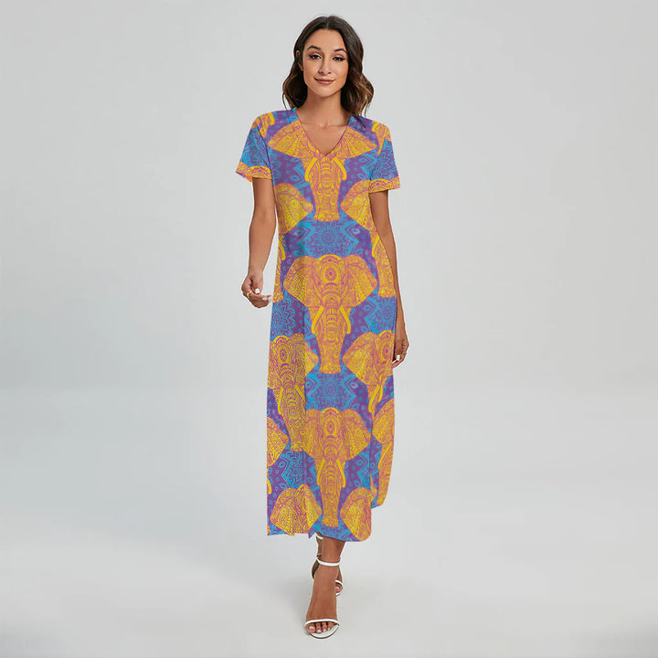 Yellow Mandala Elephant Pattern Print Short Sleeve Maxi Dress