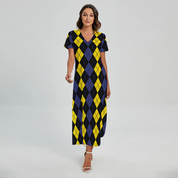 Yellow Black And Blue Argyle Print Short Sleeve Maxi Dress