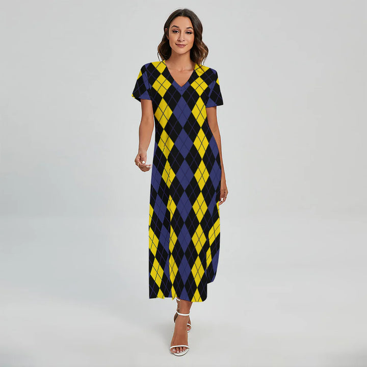 Yellow Black And Blue Argyle Print Short Sleeve Maxi Dress