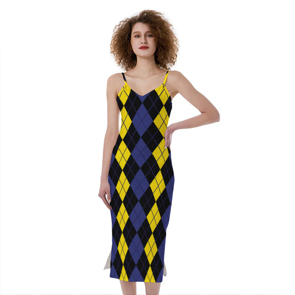 Yellow Black And Blue Argyle Print Slim Fit Midi Cami Dress