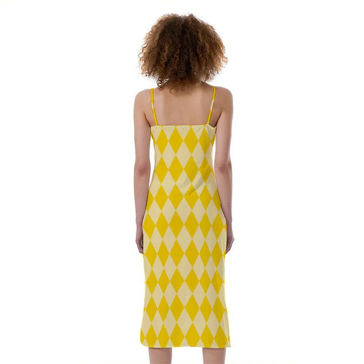 Yellow Harlequin Pattern Print Slim Fit Midi Cami Dress