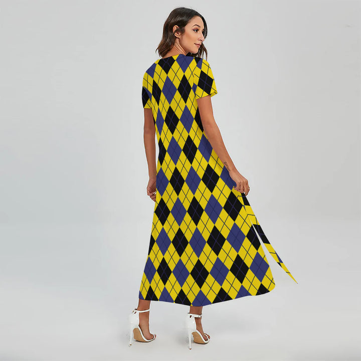 Yellow Blue And Black Argyle Print Short Sleeve Maxi Dress