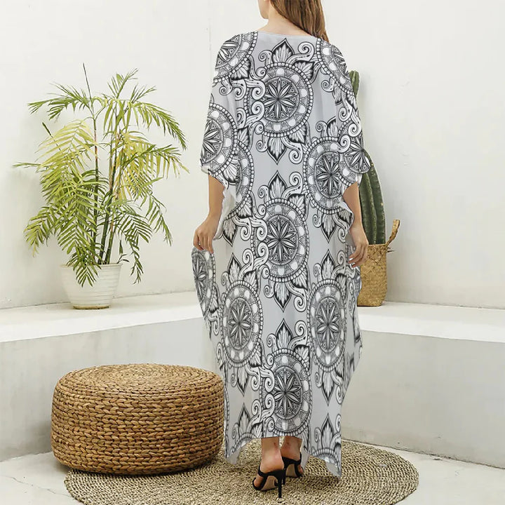 Zentangle Floral Pattern Print Silk V-Neck Kaftan Dress