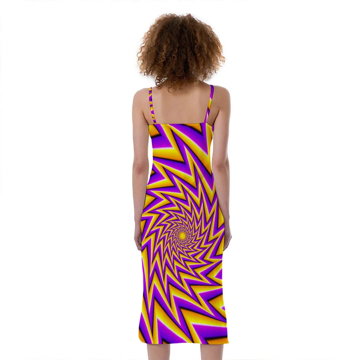 Yellow Big Bang Moving Optical Illusion Slim Fit Midi Cami Dress