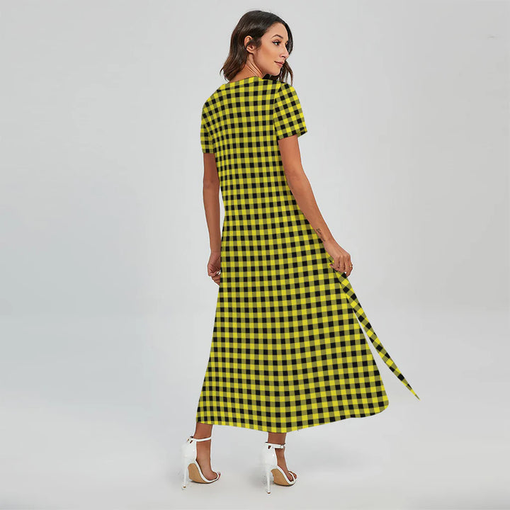 Yellow And Black Check Pattern Print Short Sleeve Maxi Dress