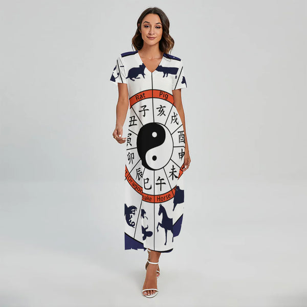 Yin Yang Chinese Zodiac Wheel Print Short Sleeve Maxi Dress