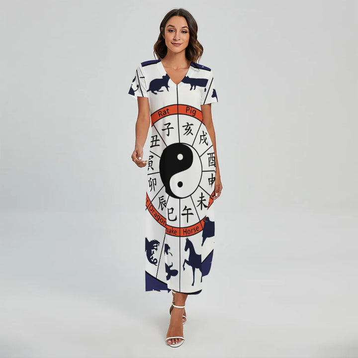 Yin Yang Chinese Zodiac Wheel Print Short Sleeve Maxi Dress