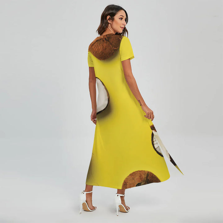Yellow Coconut Pattern Print Short Sleeve Maxi Dress