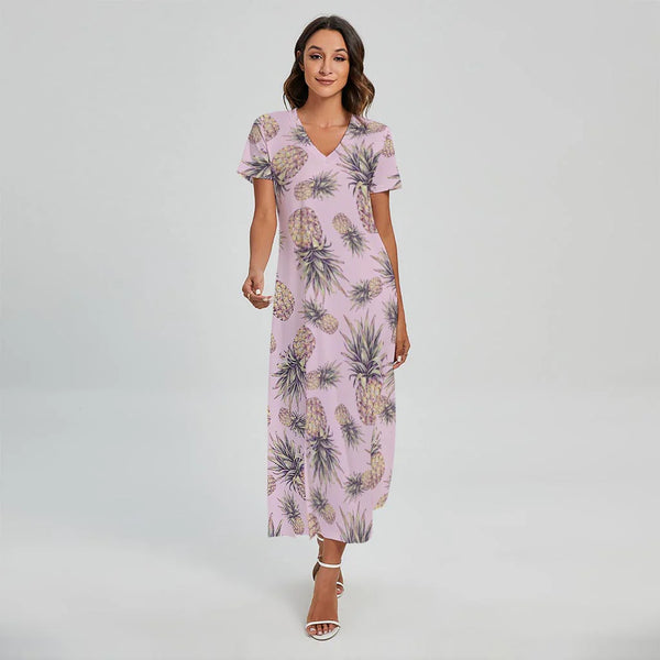 Pink Vintage Pineapple Pattern Print Short Sleeve Maxi Dress