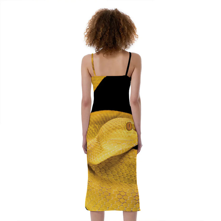 Yellow Snake Print Slim Fit Midi Cami Dress