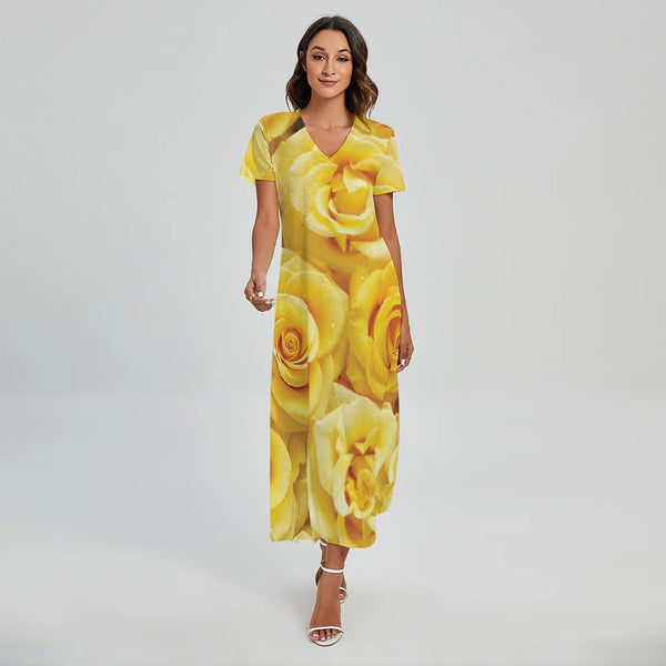 Yellow Rose Print Short Sleeve Maxi Dress