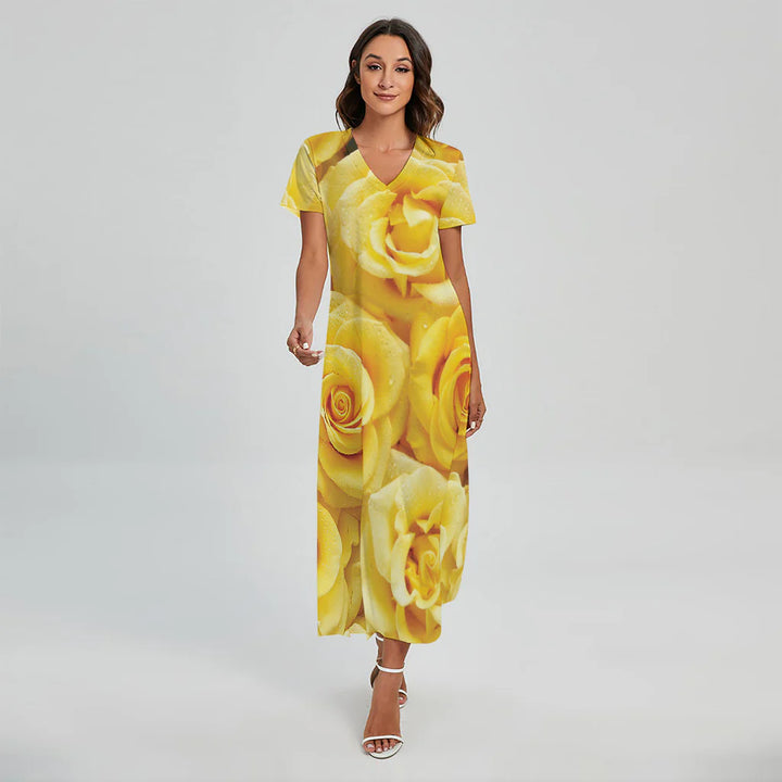 Yellow Rose Print Short Sleeve Maxi Dress