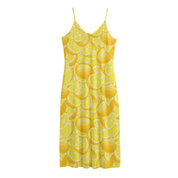 Yellow Lemon Pattern Print Jersey Midi Cami Dress
