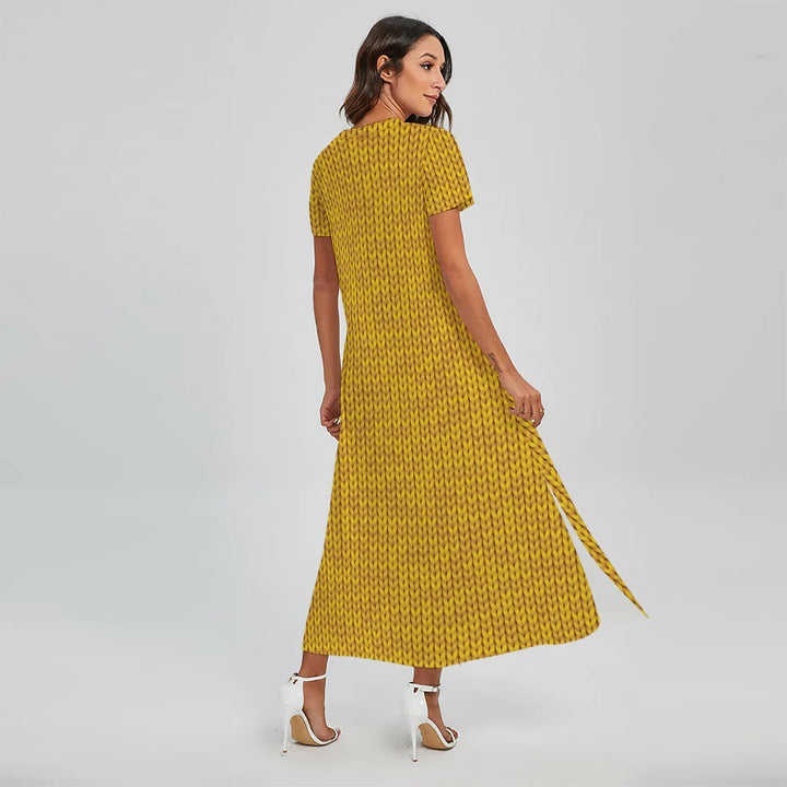 Yellow Knitted Pattern Print Short Sleeve Maxi Dress