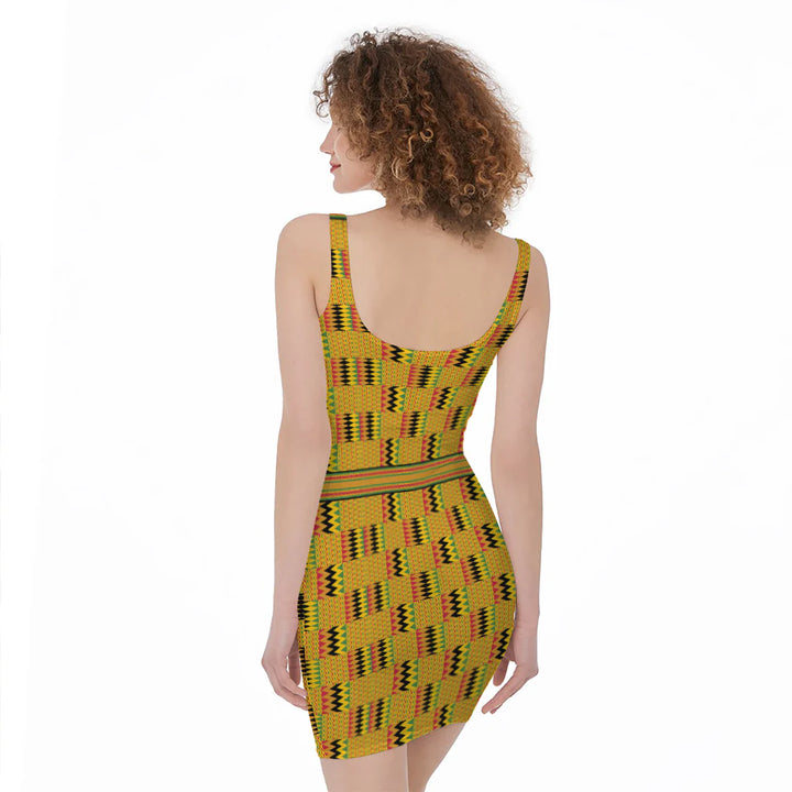 Yellow Kente Pattern Print Sleeveless Bodycon Dress