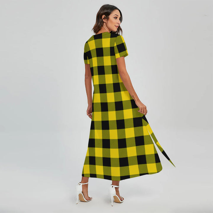 Yellow And Black Buffalo Check Print Short Sleeve Maxi Dress
