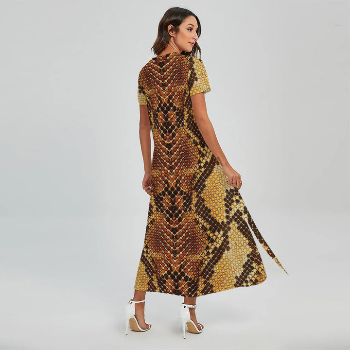 Yellow And Brown Snakeskin Print Short Sleeve Maxi Dress