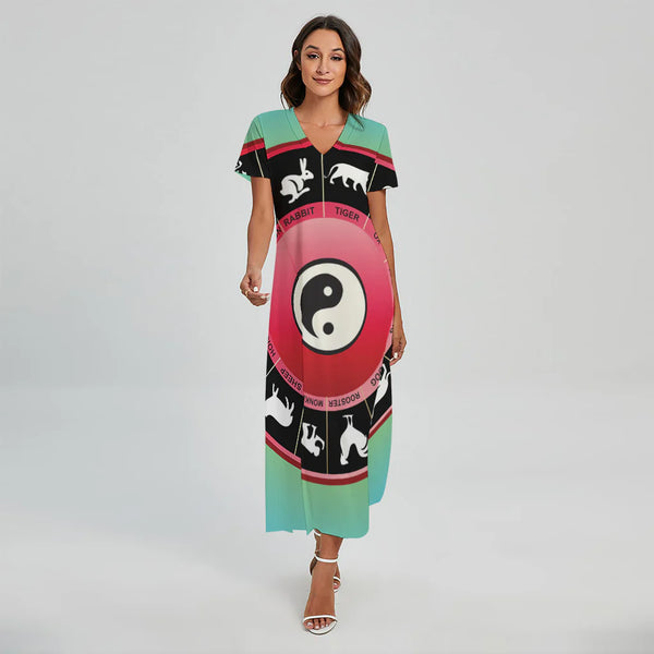 Yin Yang Chinese Zodiac Signs Print Short Sleeve Maxi Dress