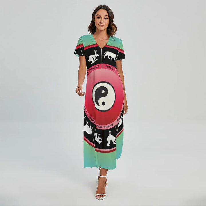 Yin Yang Chinese Zodiac Signs Print Short Sleeve Maxi Dress
