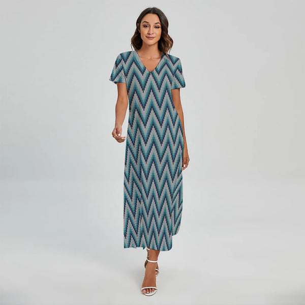 Zigzag Knitted Pattern Print Short Sleeve Maxi Dress