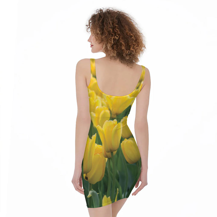 Yellow Tulip Print Sleeveless Bodycon Dress