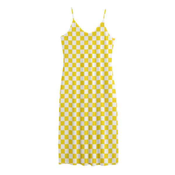 Yellow And White Checkered Pattern Print Jersey Midi Cami Dress