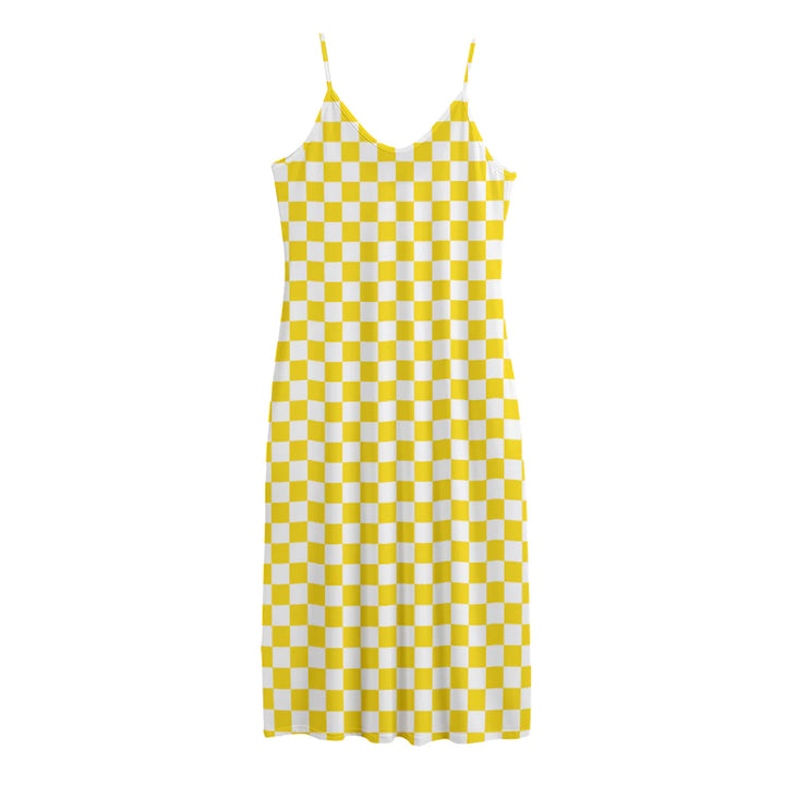 Yellow And White Checkered Pattern Print Jersey Midi Cami Dress