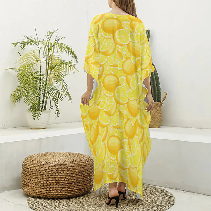 Yellow Lemon Pattern Print Silk V-Neck Kaftan Dress