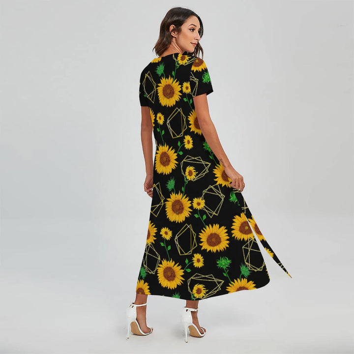 Sunflower Polygonal Pattern Print Short Sleeve Maxi Dress