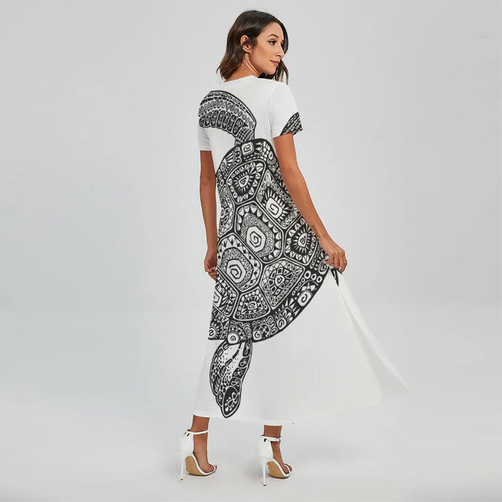 Zentangle Sea Turtle Print Short Sleeve Maxi Dress