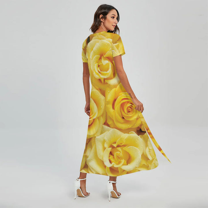 Yellow Rose Print Short Sleeve Maxi Dress