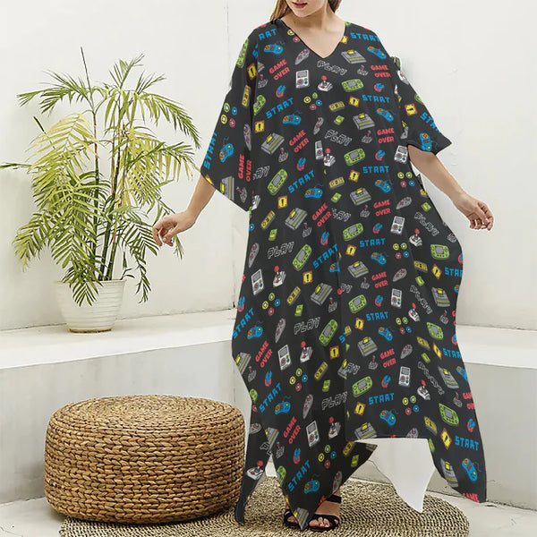 Video Game Gadgets Pattern Print Silk V-Neck Kaftan Dress