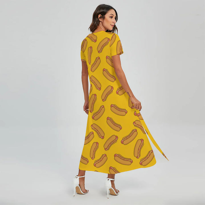 Yellow Hot Dog Pattern Print Short Sleeve Maxi Dress
